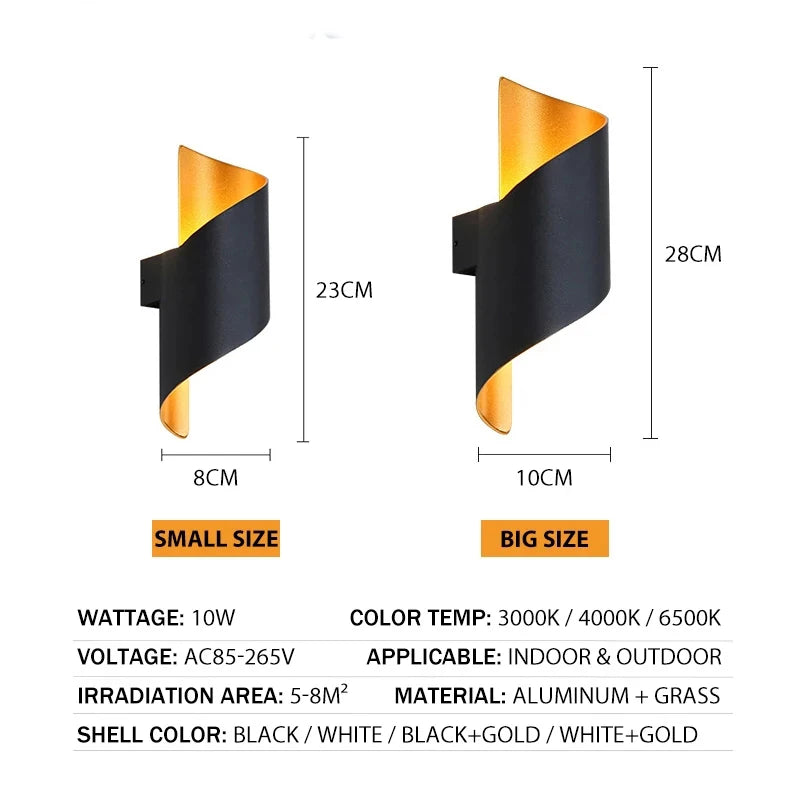 LED Wall Light Spiral Design 10W Modern Indoor Wall Light Waterproof